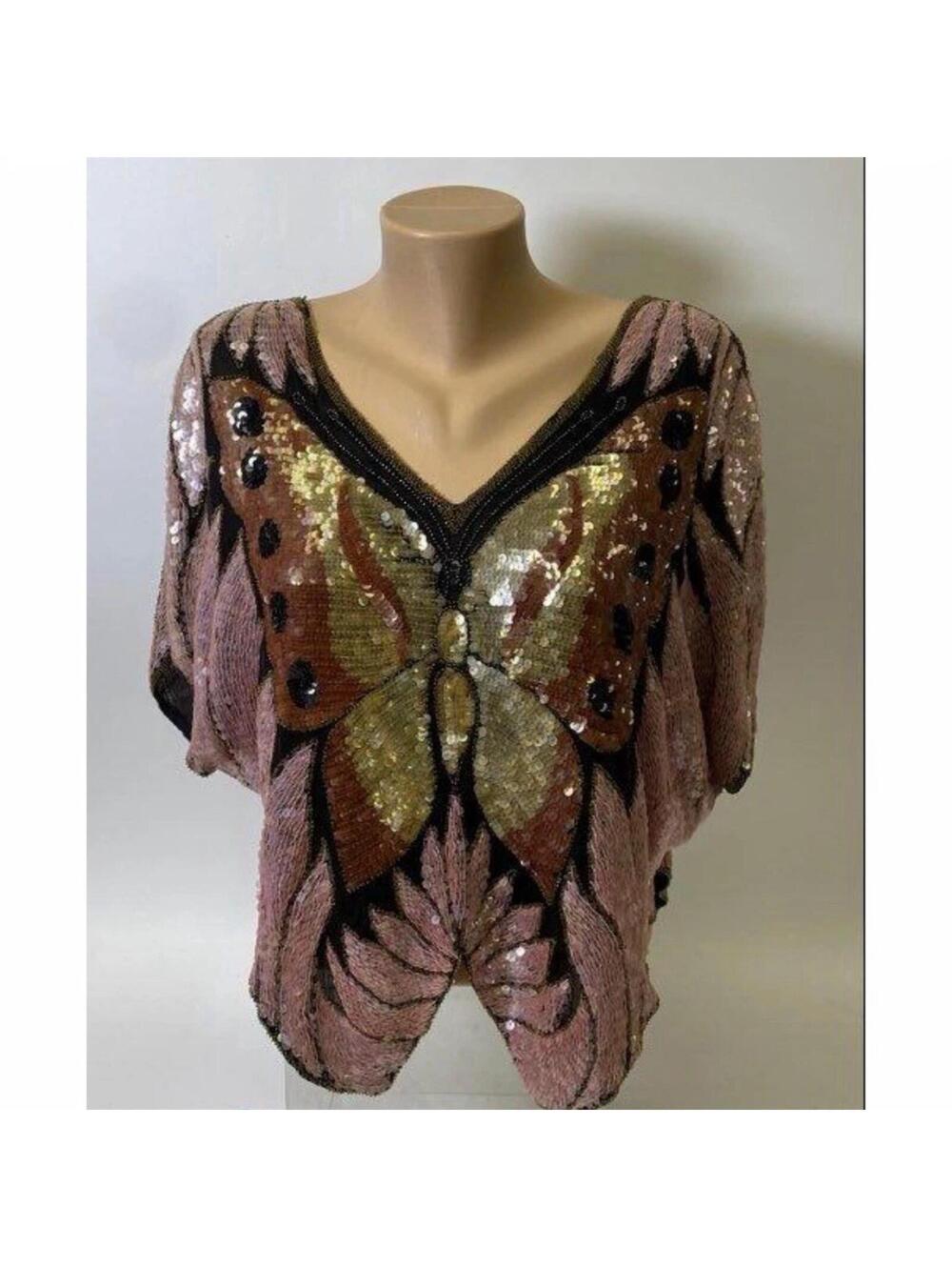 Vintage Charlton & Avenue Silk Blouse Womens M Multicolor Sequin Beaded Dolman